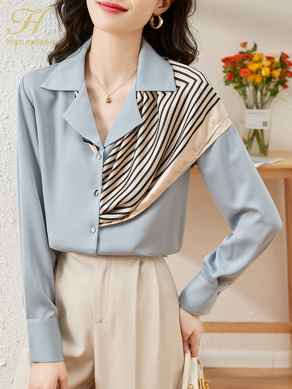 H Han Queen 2022 Uus saabumine satiinsärk Naiste pluus Vintage Töö vabaaja topid Šifoonpluus Sügis elegantsed lahtised naiste särgid