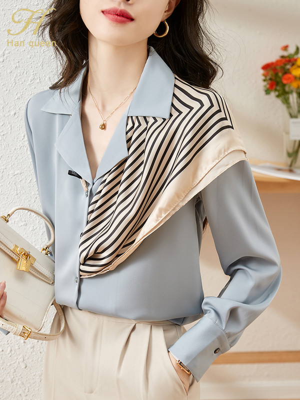 H Han Queen 2022 Uus saabumine satiinsärk Naiste pluus Vintage Töö vabaaja topid Šifoonpluus Sügis elegantsed lahtised naiste särgid