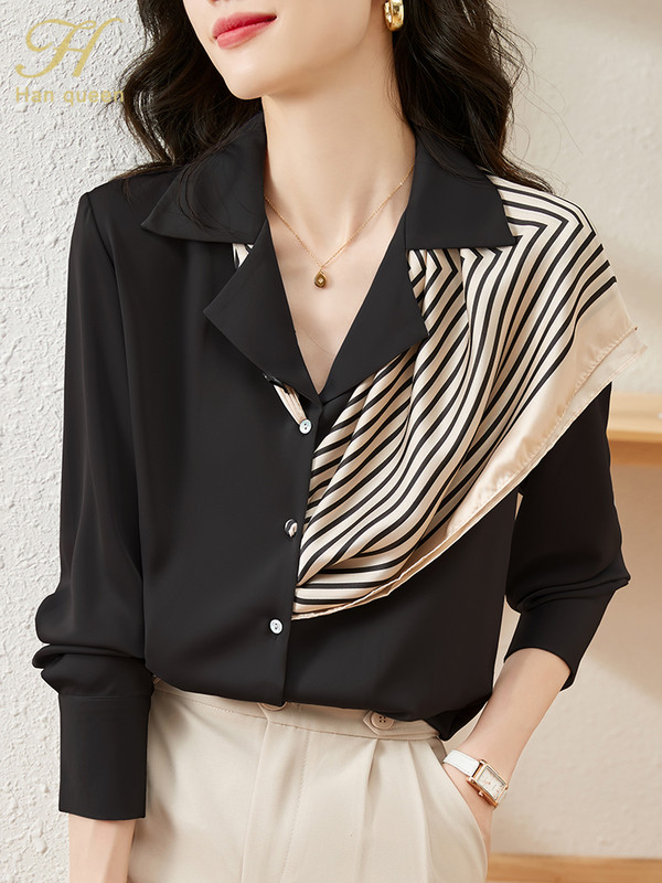 H Han Queen 2022 Uus saabumine satiinsärk Naiste pluus Vintage Töö vabaaja topid Šifoonpluus Sügis elegantsed lahtised naiste särgid