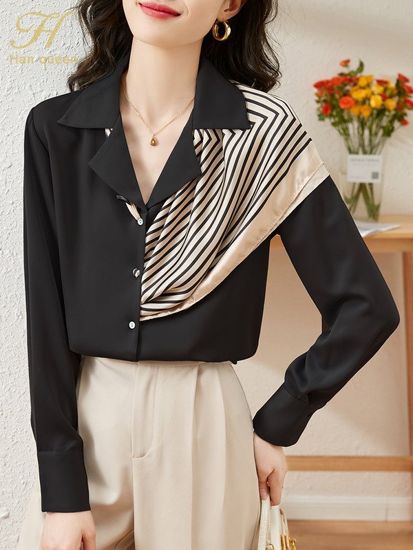 H Han Queen 2022 Uus saabumine satiinsärk Naiste pluus Vintage Töö vabaaja topid Šifoonpluus Sügis elegantsed lahtised naiste särgid