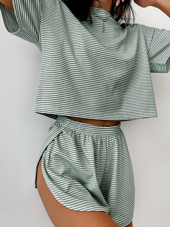 Комплект плетени дамски пижами Hiloc Раирано спално облекло Дамски памучен комплект от две части с къс ръкав Секси домашен костюм за жени Комплекти 2024