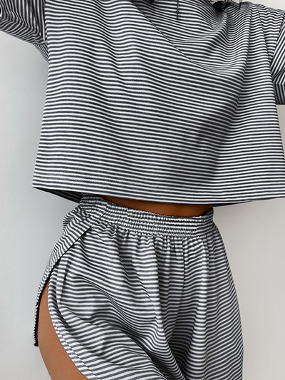 Hiloc Pletena ženska pidžama Komplet prugasta spavaćica Ženski pamučni dvodijelni komplet kratkih rukava Seksi kućno odijelo za žene Kompleti 2024.