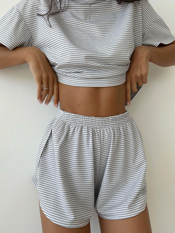 Hiloc Pletena ženska pidžama Komplet prugasta spavaćica Ženski pamučni dvodijelni komplet kratkih rukava Seksi kućno odijelo za žene Kompleti 2024.