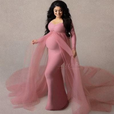 Baby Shower Pikk tüllkleit Kaldkaelusega Rasedate fotograafia Rekvisiidid Tüllist Maxi Kleit Rasedale Pikk Kleit