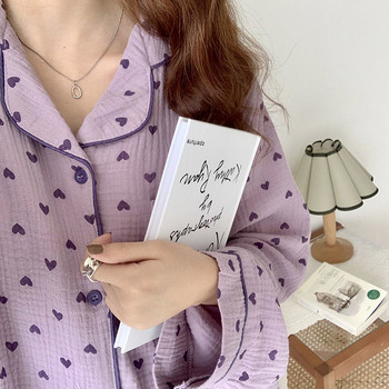 Памучно спално облекло Корейска пижама Дамска есенна пижама със сладък принт на сърце Пижама с дълъг ръкав Женски комплект Неглиже Жилетка Костюм