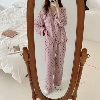 Памучно спално облекло Корейска пижама Дамска есенна пижама със сладък принт на сърце Пижама с дълъг ръкав Женски комплект Неглиже Жилетка Костюм