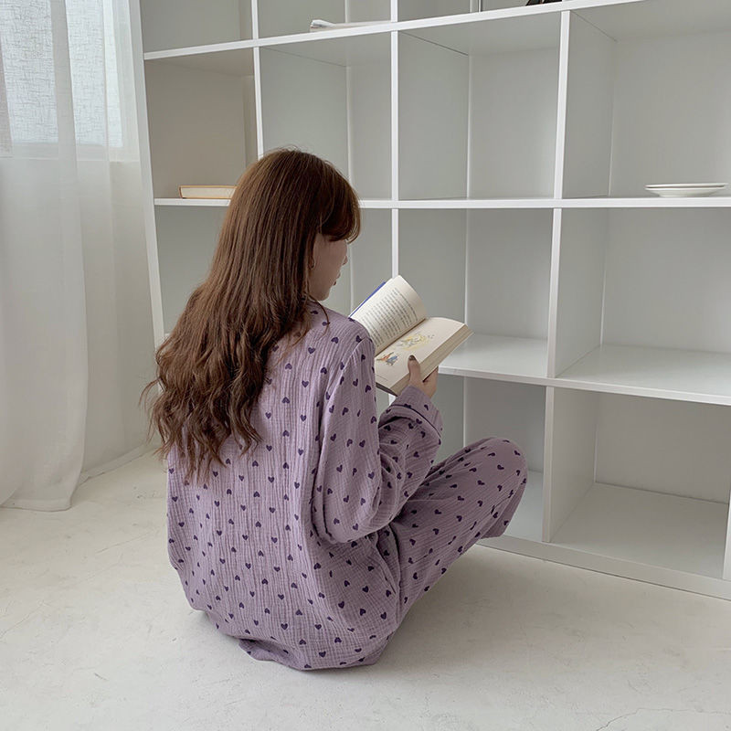 Kokvilnas guļamveļa korejiešu pidžamas, sieviešu rudens, jauka, sirds apdruka pidžama ar garām piedurknēm pidžamas sieviešu komplekts.