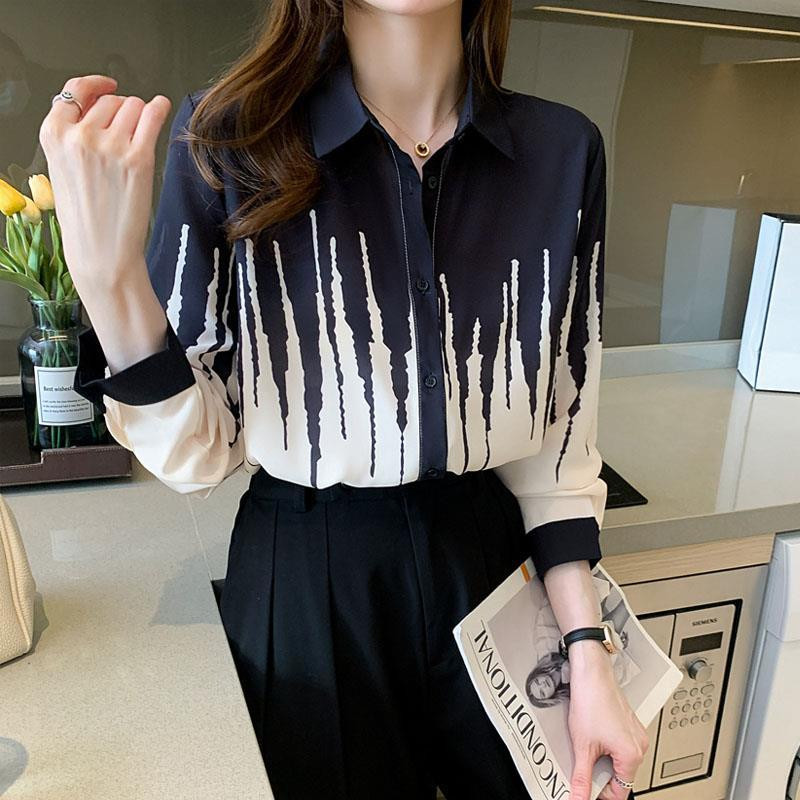 Vintage trükitud revääriga pikkade varrukatega nööbiga ülisuur šifoonsärk 2022. aasta sügis, uued vabaaja topid, avar naiste pluus