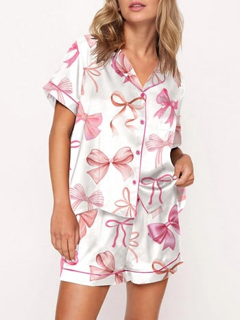 Комплекти копринени пижами Y2k с розова панделка за жени 2 части Preppy Pjs Shorts Сладки комплекти с къс ръкав, подходящи за Pj Lounge Shirts