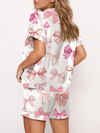 Комплекти копринени пижами Y2k с розова панделка за жени 2 части Preppy Pjs Shorts Сладки комплекти с къс ръкав, подходящи за Pj Lounge Shirts