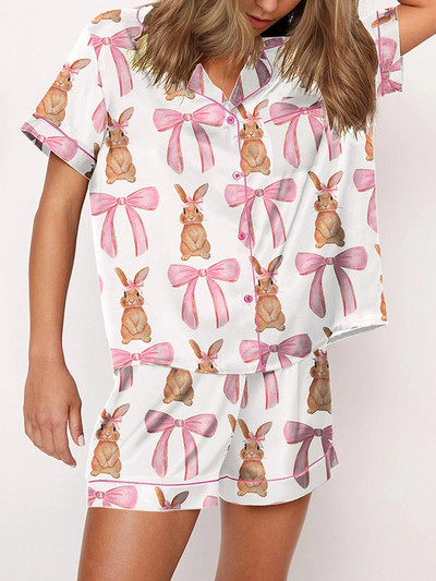 Y2k Ružičasta mašna Svileni kompleti pidžama za žene 2-dijelne zgodne Pjs kratke hlače Slatke kratke rukave odgovarajućih Pj Lounge majica