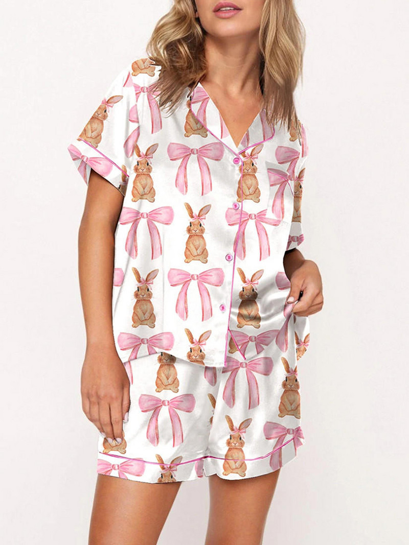 Y2k Ružičasta mašna Svileni kompleti pidžama za žene 2-dijelne zgodne Pjs kratke hlače Slatke kratke rukave odgovarajućih Pj Lounge majica