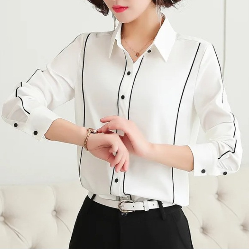 Pulover s prugastim gumbima Proljeće Jesen Pulover s otvorenim ovratnikom dugih rukava Ženska odjeća Majica kratkih rukava Ležerna majica za uredske dame