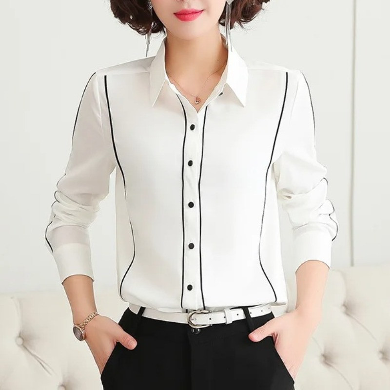 Pulover s prugastim gumbima Proljeće Jesen Pulover s otvorenim ovratnikom dugih rukava Ženska odjeća Majica kratkih rukava Ležerna majica za uredske dame