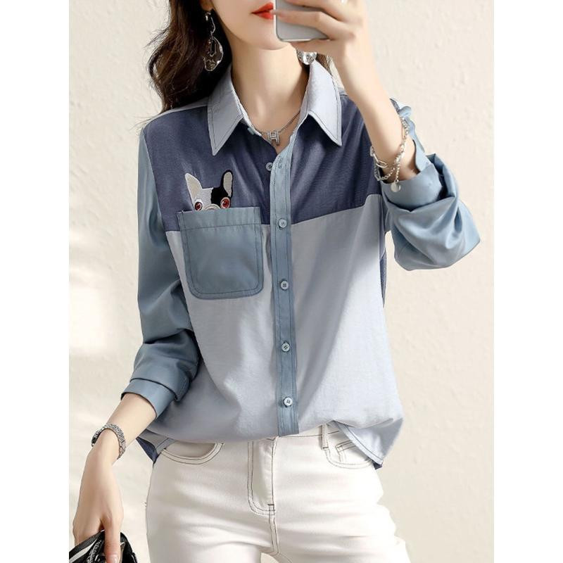 Moodsa värviga sobiva taskuga üherealine pluus Naiste uus klassikaline pikkade varrukatega polokrae Sinine kevad-sügissärk 2023