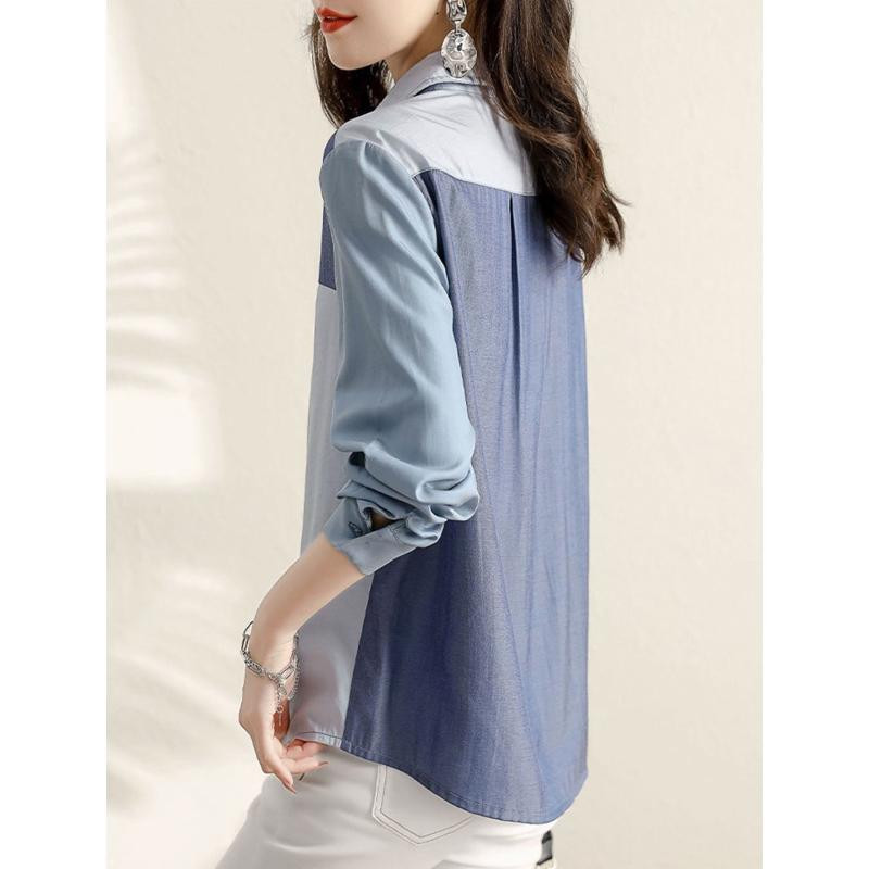 Moodsa värviga sobiva taskuga üherealine pluus Naiste uus klassikaline pikkade varrukatega polokrae Sinine kevad-sügissärk 2023