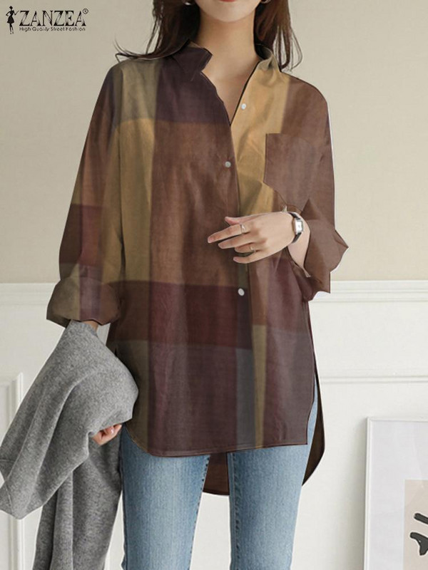 ZANZEA 2024 Cămăși în carouri de vară Bluze cu mânecă lungă de epocă Bluză neregulată de modă pentru femei Chemise casual supradimensionată pentru femei