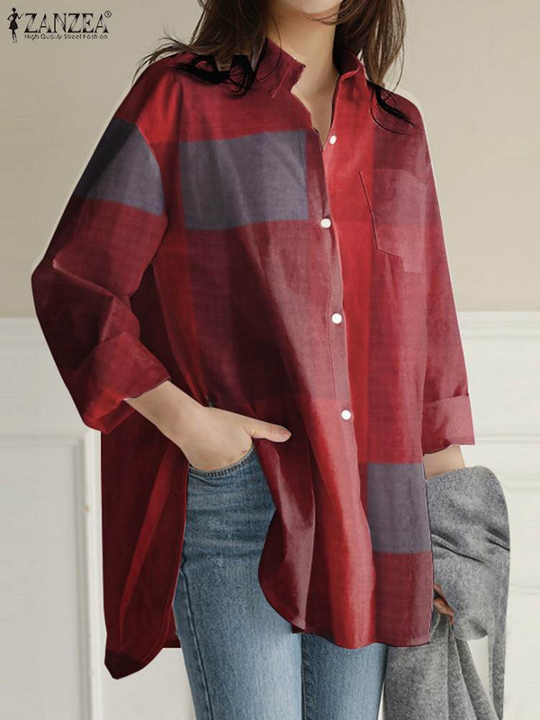 ZANZEA 2024 Cămăși în carouri de vară Bluze cu mânecă lungă de epocă Bluză neregulată de modă pentru femei Chemise casual supradimensionată pentru femei