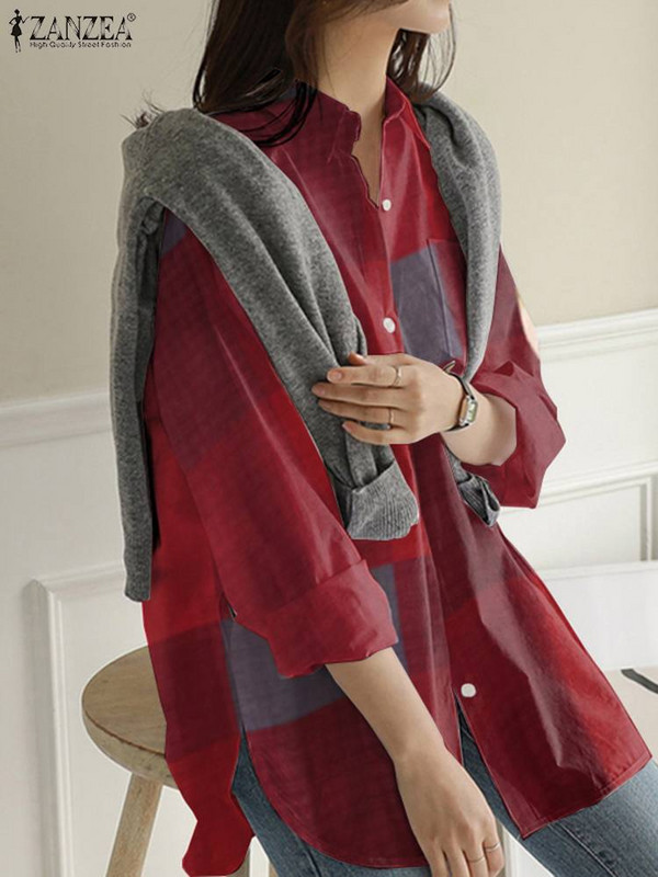 ZANZEA 2024 Cămăși în carouri de vară Bluze cu mânecă lungă de epocă Bluză neregulată de modă pentru femei Chemise casual supradimensionată pentru femei