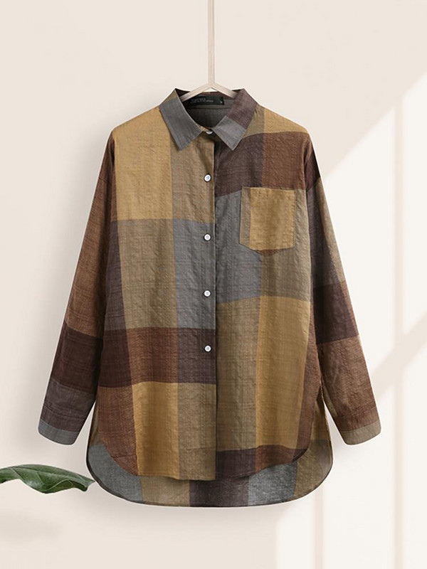 ZANZEA 2024 Cămăși în carouri de vară Bluze cu mânecă lungă de epocă Bluză neregulată de modă pentru femei Chemise casual supradimensionată pentru femei