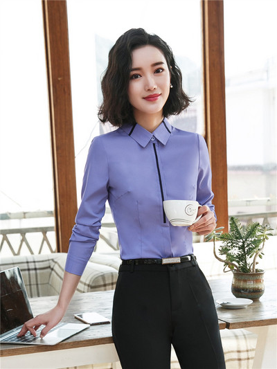 Cămăși cu mânecă lungă pentru femei Gri Albastru Stil coreean Birou Doamnelor Îmbrăcăminte de lucru Bluze elegante Topuri pentru femei Primăvară Toamnă Nou