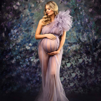 Δείτε μέσα από σέξι φορέματα φωτογράφισης εγκυμοσύνης One Shoulder Έγκυες Γυναίκες Φωτογραφικά στηρίγματα Τούλι Premama βραδινό μπουρνούζι