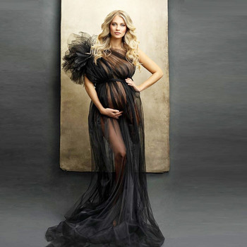 Δείτε μέσα από σέξι φορέματα φωτογράφισης εγκυμοσύνης One Shoulder Έγκυες Γυναίκες Φωτογραφικά στηρίγματα Τούλι Premama βραδινό μπουρνούζι