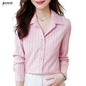 NAVIU Košulja s ružičastim prugama Ženska nova jesenska moda 2023. Temperamentna formalna uska bluza dugih rukava Uredske ženske radne majice Bijela