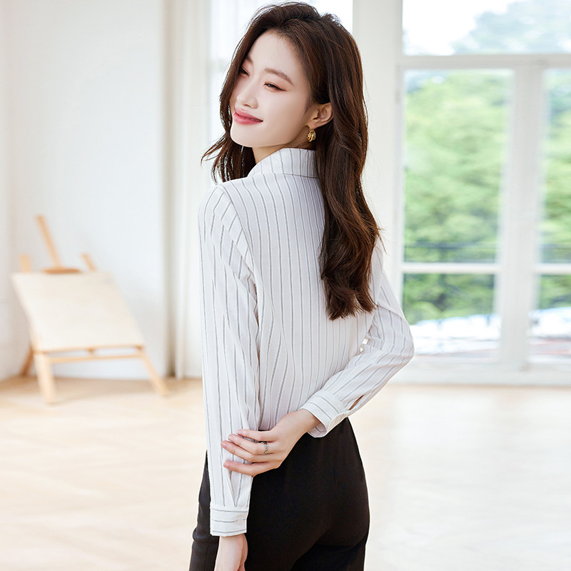 NAVIU Košulja s ružičastim prugama Ženska nova jesenska moda 2023. Temperamentna formalna uska bluza dugih rukava Uredske ženske radne majice Bijela