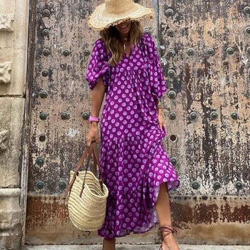 Φόρεμα Boho Maxi με φουσκωτά μανίκια 5XL Καλοκαιρινά Κομψά Γυναικεία Φαρδιά Casual στυλ Vacation Vestidos Φορέματα μακράς παραλίας με λαιμόκοψη V