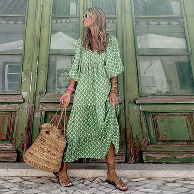 5XL Puff Sleeve Boho Maxi Ruha Nyári Elegáns Női Laza Alkalmi Stílus Nyaralás Vestidos húzózsinóros V-nyakú hosszú strandruhák