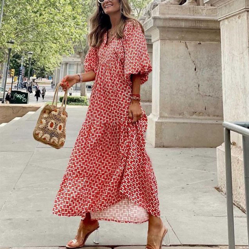 Rochie boho cu mâneci bufante, 5XL, maxi, vară, elegante, femei, lejer, stil casual, de vacanță, rochii, cu șnur, cu decolteu în V, rochii lungi de plajă