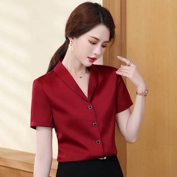 Червена риза с къс ръкав Дамска лятна тънка 2022 г. Нова с V-образно деколте Професионални официални шифонени бели блузи Офис дамски работни блузи