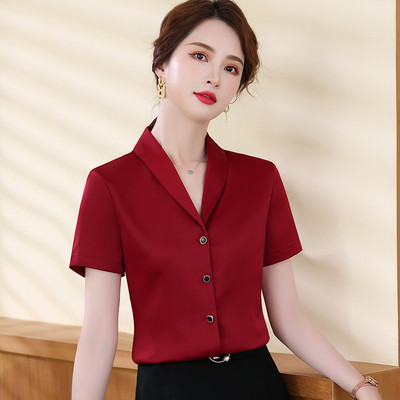 Crvena košulja kratkih rukava Ženske ljetne tanke 2022. Novi V izrez Profesionalne formalne bijele bluze od šifona Uredske ženske radne majice