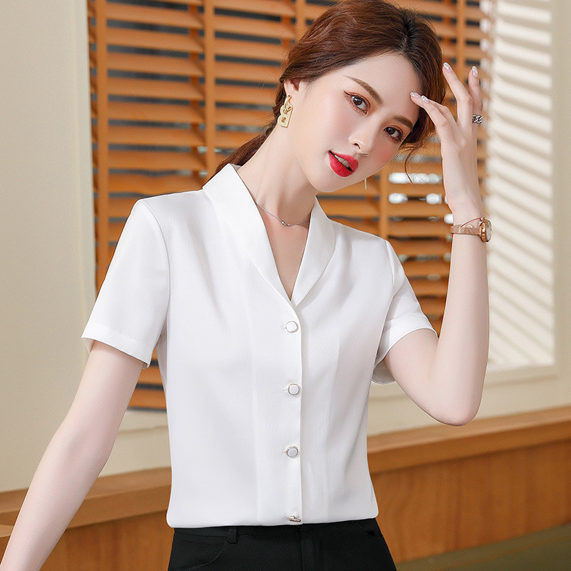 Crvena košulja kratkih rukava Ženske ljetne tanke 2022. Novi V izrez Profesionalne formalne bijele bluze od šifona Uredske ženske radne majice