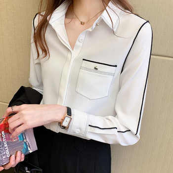 Модни джобове с копчета с ревери Универсална риза Дамско облекло 2024 Пролет Лято Нови ежедневни топове Офис дамска блуза