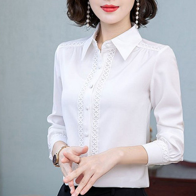 Kevadsügis, 2023. aasta kevadsärgid, naiste kontorisärgid, valge pits, žakaarvärvi lapiline kraega, nööbiga, pikkade varrukatega šifoonist OL pluusid