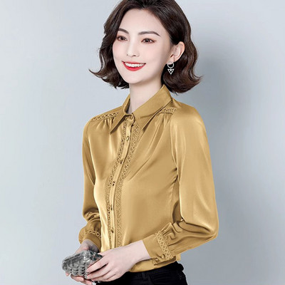 Kevadsügis, 2023. aasta kevadsärgid, naiste kontorisärgid, valge pits, žakaarvärvi lapiline kraega, nööbiga, pikkade varrukatega šifoonist OL pluusid