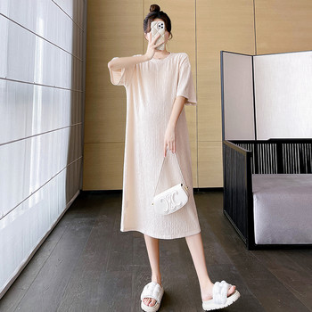Καλοκαιρινό φόρεμα εγκυμοσύνης ιαπωνικού στυλ με κοντό μανίκι με λαιμόκοψη χαλαρό casual έγκυος γυναίκα ίσιο φόρεμα πλισέ σιφόν