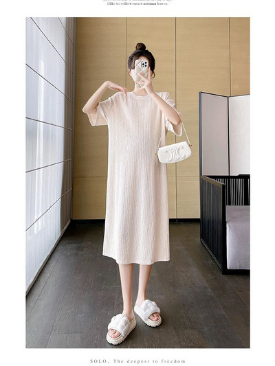 Rochie lungă de maternitate de vară în stil japonez, cu mânecă scurtă, cu decolteu O, lejer, ocazional, femeie însărcinată, rochie dreaptă, din șifon plisat