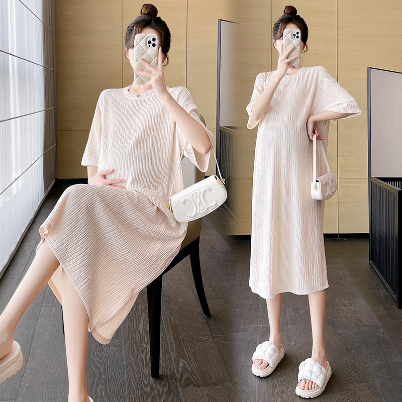 Rochie lungă de maternitate de vară în stil japonez, cu mânecă scurtă, cu decolteu O, lejer, ocazional, femeie însărcinată, rochie dreaptă, din șifon plisat