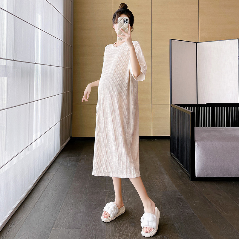 Rochie lungă de maternitate de vară în stil japonez, cu mânecă scurtă, cu decolteu O, lejer, ocazional, femeie însărcinată, rochie dreaptă, din șifon plisat