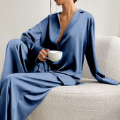 Seksikas madala lõikega moodne pidžaamakomplekt naistele vaba vabaaja pikkade varrukatega pükskostüümid, satiinsiid, naiste kodu, kaheosaline komplekt