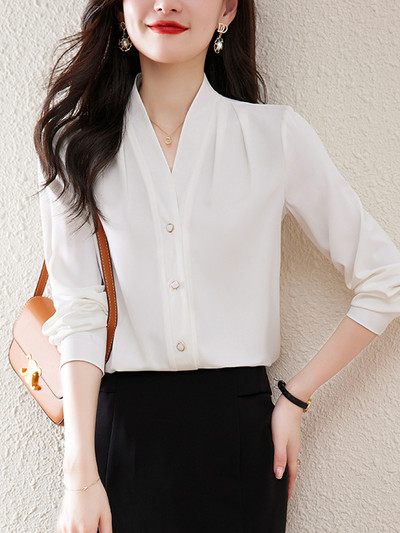 Ar garām piedurknēm pogas, balti krekli Sieviešu vintage, vienkāršas V veida kakla zīda blūzes Sieviešu biroja sieviešu pamata topi Blusas Mujer 2024