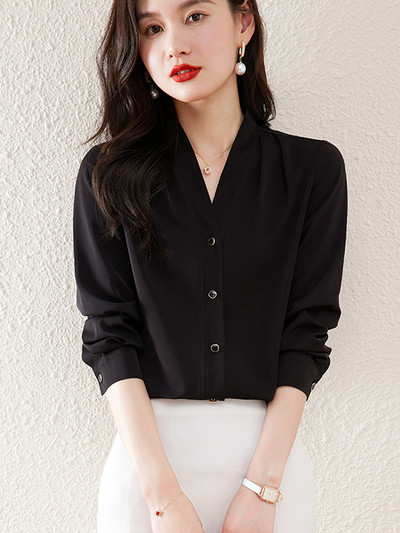 Ar garām piedurknēm pogas, balti krekli Sieviešu vintage, vienkāršas V veida kakla zīda blūzes Sieviešu biroja sieviešu pamata topi Blusas Mujer 2024