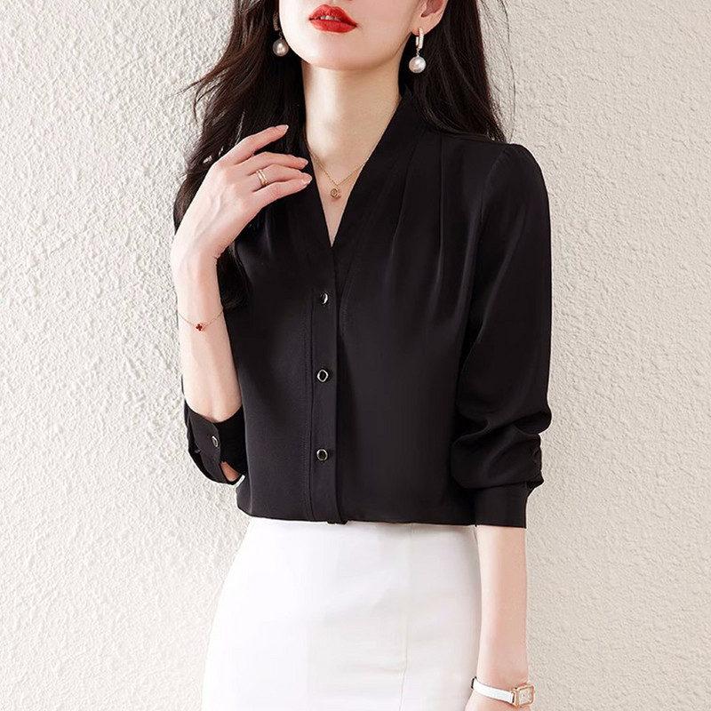 Ar garām piedurknēm pogas, balti krekli Sieviešu vintage, vienkāršas V veida kakla zīda blūzes Sieviešu biroja sieviešu pamata topi Blusas Mujer 2024