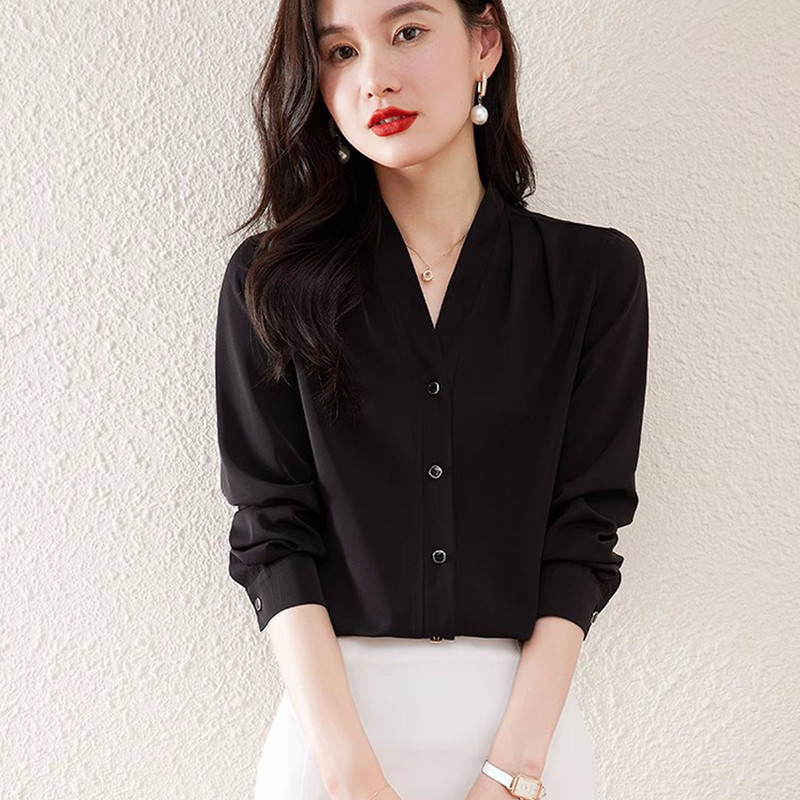 Ar garām piedurknēm pogas, balti krekli Sieviešu vintage, vienkāršas V veida kakla zīda blūzes Sieviešu biroja sieviešu pamata topi Blusas Mujer 2024