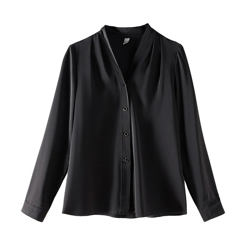 Ar garām piedurknēm pogas, balti krekli Sieviešu vintage, vienkāršas V veida kakla zīda blūzes Sieviešu biroja sieviešu pamata topi Blusas Mujer 2024