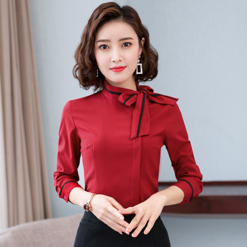 IZICFLY jauns stils, vasaras rudens mode, svinīgs sieviešu krekls, sieviešu topi, tievi, eleganti biroja stendi, bante, sarkana blūze, darba apģērbs