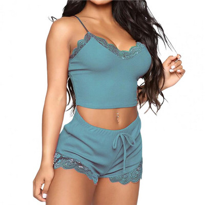 2 tk/komplekt Naiste pidžaama komplekt Crop top lühikesed püksid pitsäärega spagetirihm Seksikas pehme varrukateta naisriided magamiseks